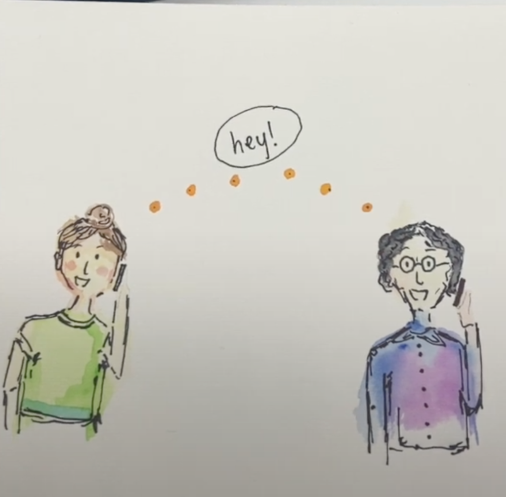 An illustration of two people talking on the phone. A speech bubble between them says 'hey'. An illustration of two people talking on the phone. A speech bubble between them says 'hey'.
