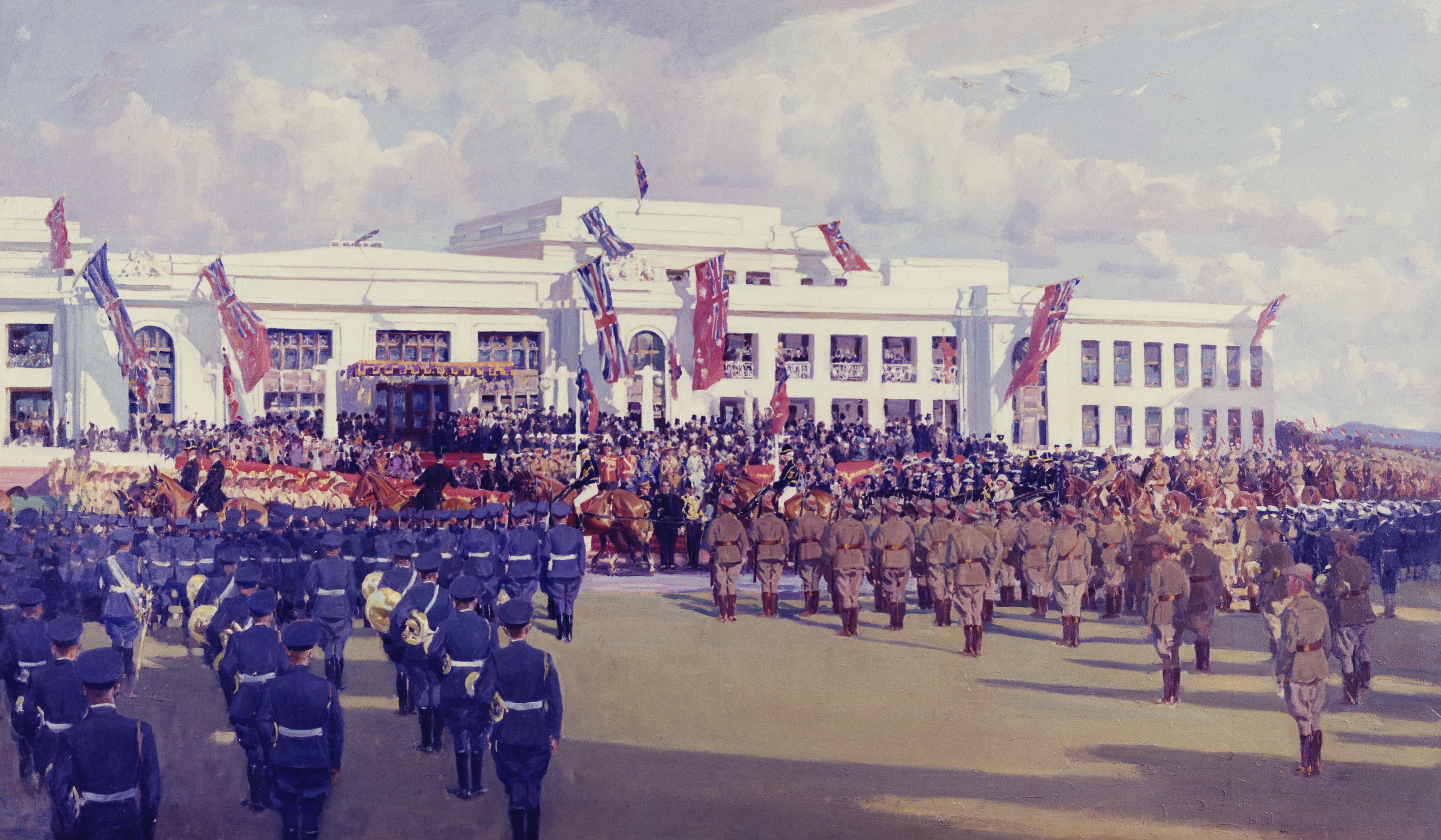 An oil painting of a Old Parliament House - a large white building - with a large number of soldiers in front with flags performing a ceremony. An oil painting of a Old Parliament House - a large white building - with a large number of soldiers in front with flags performing a ceremony.