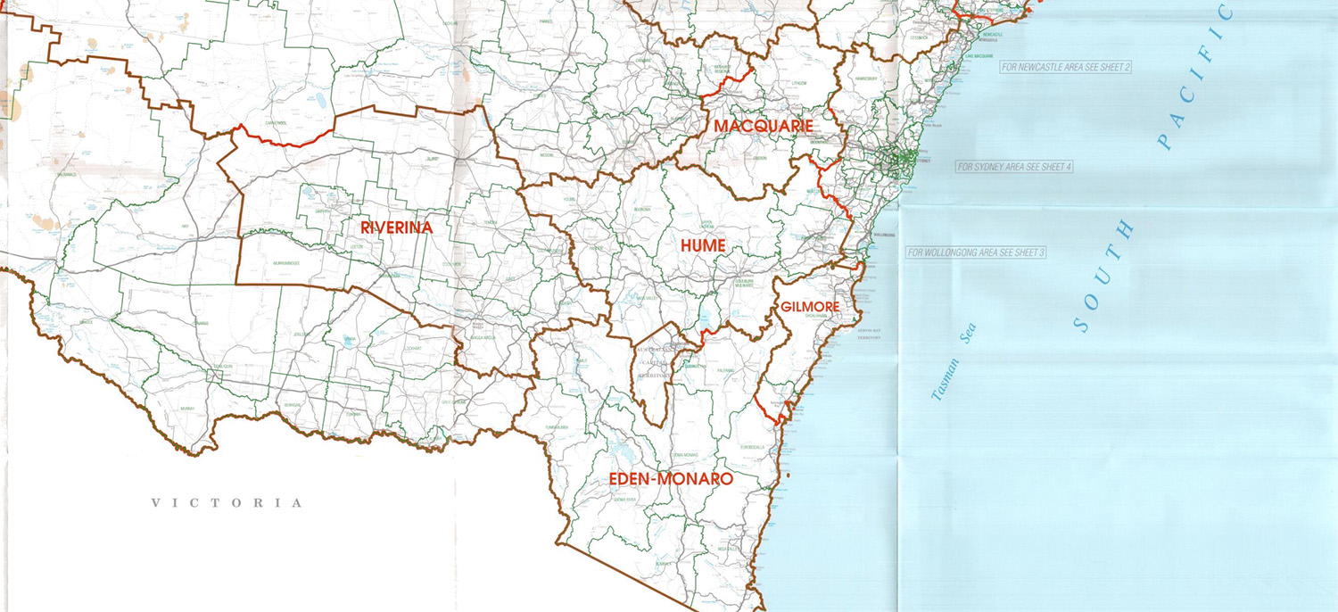 Map section of New South Wales showing the borders of its federal seats. Map section of New South Wales showing the borders of its federal seats.