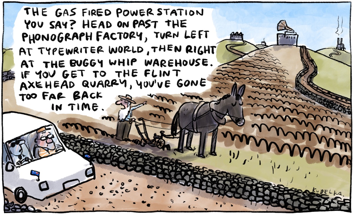 A elderly farmer with a white beard directs Scott Morrison, who is in a car, past the gas-fired power station, and into the past. 