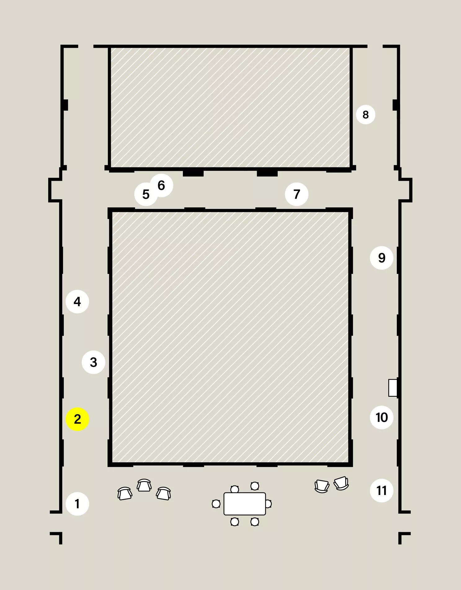 Map of a capital H-shaped exhibition space. Eleven numbered white circles show the location of stops on the audio tour. Stop 2 is highlighted yellow. Map of a capital H-shaped exhibition space. Eleven numbered white circles show the location of stops on the audio tour. Stop 2 is highlighted yellow.